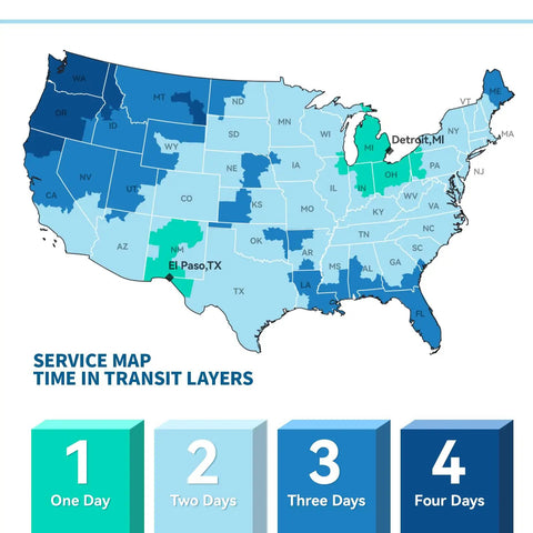 Map showing service transit times across the USA, highlighting zones with 1 to 4 days delivery, and cities like Detroit and El Paso.