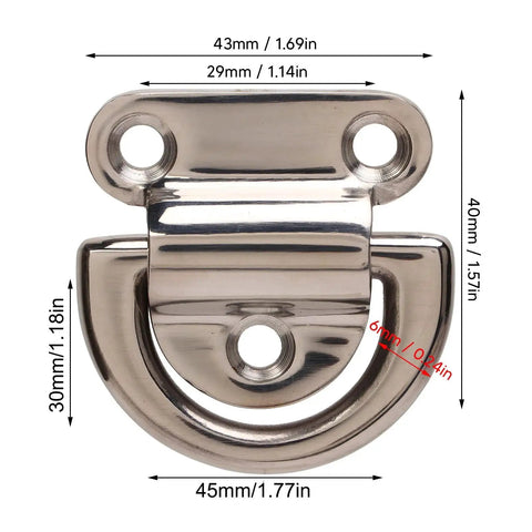 Stainless steel folding pad eye D-ring for boats; deck hardware with hinge (front view)