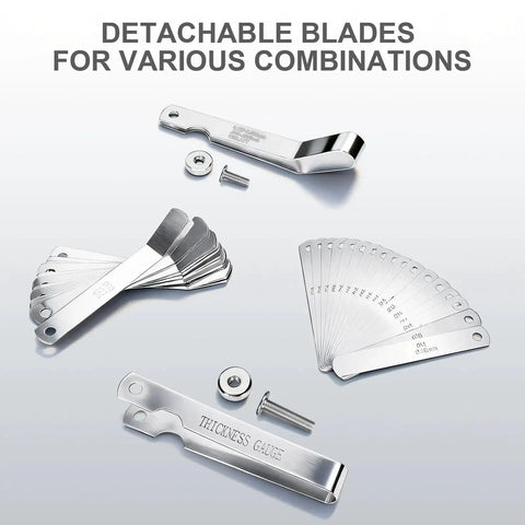 Stainless Steel Feeler Gauge Set With 32 Straight Blades And 16 Angled Blades For Precise Gap And Thickness Measurement And Stackable Blades For Readings Pro Grade For Guitar Setup Spark Plugs Valves Piston Clearance And Auto Marine DIY Projects