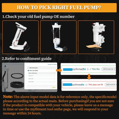 Image showing guide on selecting the right fuel pump for Honda Pioneer, with examples of fuel pump designs and a fitment chart.