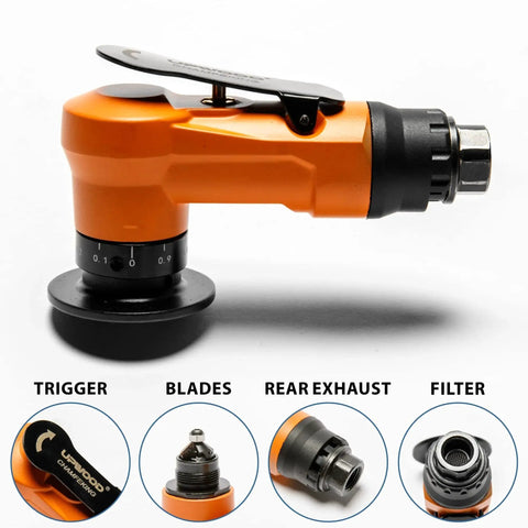 Side view of Two In One Pneumatic Chamfering And Arc Corner Rounding Tool For Metal With 45 Degree Beveling And Deburring Insertion Set Dual Inserts For Smooth Cuts And Quick Trimming Pro Grade Quality showing trigger, blades, rear exhaust, and filter details.