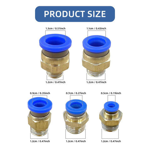 25-piece brass push-to-connect pneumatic fittings set with blue rings for 4/6/8/10/12 mm tubes, 1/4" G thread.