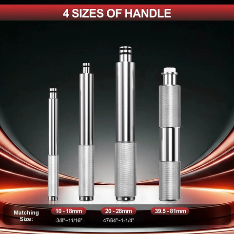Four sizes of metal handles from 43 Piece Bearing Press Kit With Bearing Race And Seal Driver Set for seal installation and pressing.
