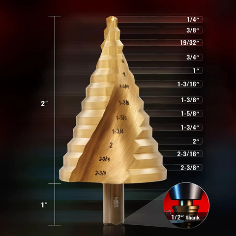 Titanium-Coated HSS Step Drill Bit Set For DIYers, Spiral Groove Design, Twelve Sizes From One Quarter Inch To Two And Three Eighths Inch, Great For Aluminum Metal Wood Plastic, Durable Titanium Finish Delivers Fast Holes And Long Lasting Performance.