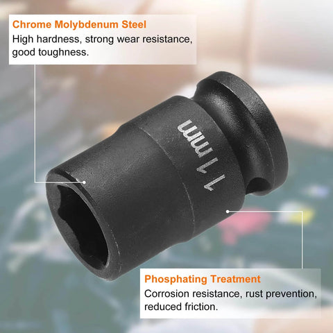 Deep Impact Socket For Three Eighths Inch Square Drive 11mm Six Point 30mm Long Flip Socket In CR-MO Steel Industrial Grade