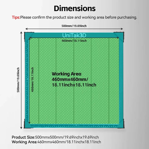 Dimensions of Honeycomb Laser Bed 500x500mm for XTool D1 D1 Pro S9 S10 S30 Pro and RAY5 engravers by UniTak3D shown.