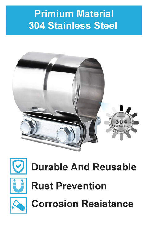 Two 2.5-inch stainless steel exhaust lap-joint band clamps (304 SS) for muffler repair