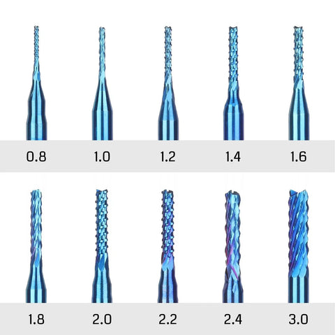 Pro Grade Nano Blue Coat End Mills Set For CNC Router Bits, 10Pcs From 0.8mm To 3.0mm Cutting Diameter, One Eighth Inch Shank