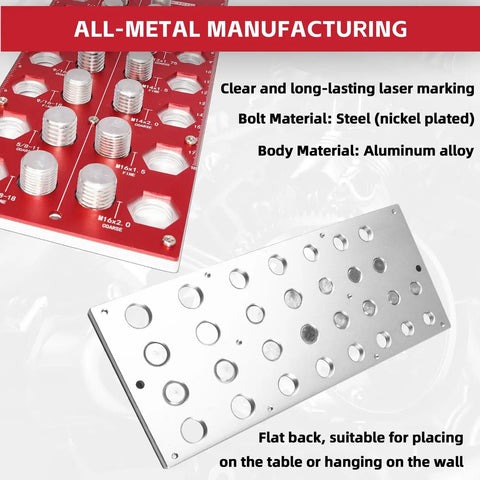 Thread Checker Nut And Bolt Size Gauge For Quick ID Of 38 Thread Sizes In Metric And Imperial With Red Handle Covers M3x0.5 To M16x2.0 And No 2-56 To 5/8-18 Fine, showing steel bolt markings and aluminum body.