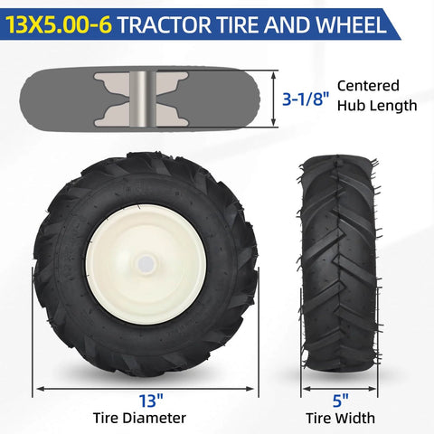 Replacement Tiller Tire And Wheel Set For 13x5-6 Size With 1 Inch Axle And 3 1/8 Inch Hub, front and side view with dimensions