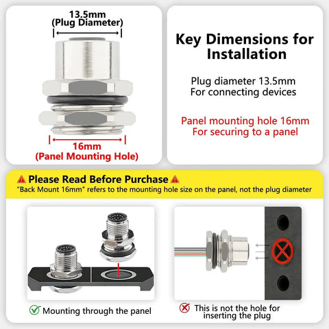 M12 12 Pin A Code Female Connector Cable 0.7 Foot IP67 dimensions and installation diagram