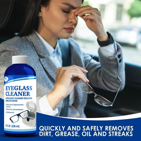 Concentrated Ultrasonic Eyeglasses Cleaner Solution For Sonic Machines bottle next to woman cleaning glasses in car