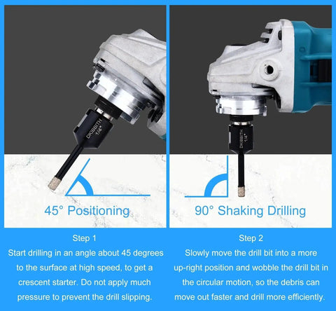 Quarter Inch Dry Diamond Core Drill Bits Set 2-Piece 6mm Diameter 5/8-11 Thread shown in angle grinder use, dry drilling.