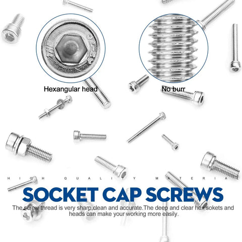 880Pcs Screw Nuts And Bolts Kit M2 To M5 Hex Socket Head Cap Screws Nuts Washers In 304 Stainless Steel With Allen Wrenches Pro Grade Metric Fasteners Set For Home Hobby And Workshop Projects, focusing on socket cap screws with hexagonal head and no burr.