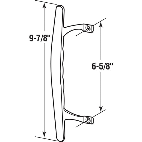 Diagram of Chrome Diecast Patio Door Handle Pull For Sliding Doors With 6 5 8 Inch Hole Centers, ergonomic grip and installation dimensions.