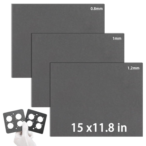 Terixe 3-pack gasket material sheets, gray, 15 x 11.8 in, thicknesses 0.8mm, 1mm, and 1.2mm; includes circular-hole templates