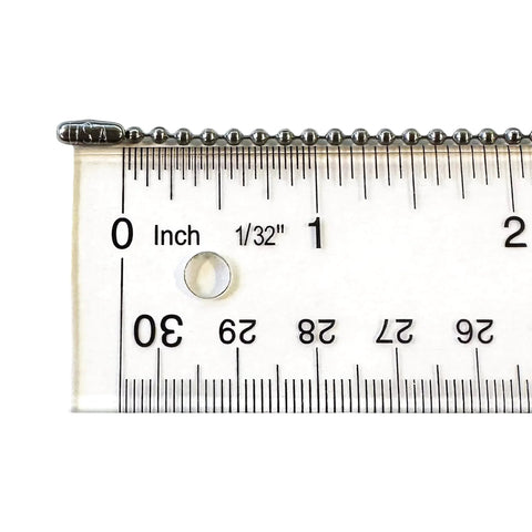 24 Inch Ball Chain Necklace In T304 Stainless Steel Two Point Four Millimeter Gauge Made In The USA shown with ruler for size