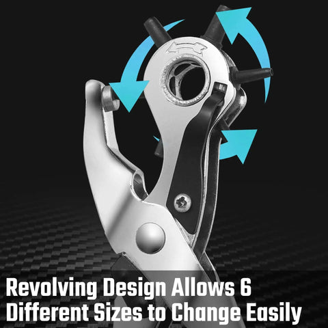 Close-up of Revolving Leather Hole Punch Tool With 6 Size Covers 2mm To 4.5mm 8 Inch Workhorse Punch for Belts and Dog Collars.