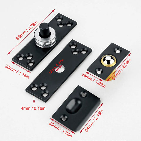 Hidden Door Pivot Hinge Concealed 360 Rotation Heavy Duty Up To 220lbs With 10 Steel Balls For Bookcase And Wooden Doors Stainless Steel Eujgoov Designed For Smooth Quiet Operation In Residential And Commercial Settings. Black metal components with measurements.