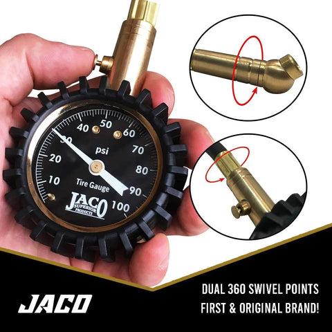 JACO ElitePro tire pressure gauge, 100 psi, black dial with brass nozzle and dual 360 swivel adapters