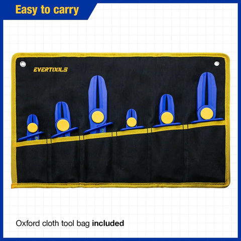 Evertools 6-piece hose pinch clamp pliers set in blue with yellow knobs, stored in black Oxford cloth tool bag