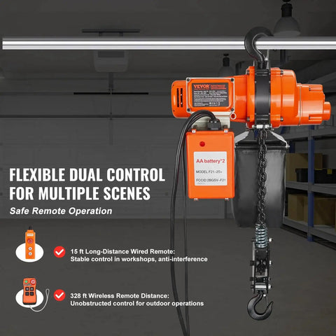 Electric Chain Hoist 2200 Lb 20 Ft Lift 120V Single Phase Remote Control installed in a workshop with remote control