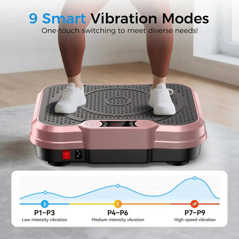 Person using Vibration Plate Exercise Machine For Full Body Workout And Fat Burning, 400 Lbs Capacity, Lymphatic Drainage, Home Gym Rose Gold Platform
