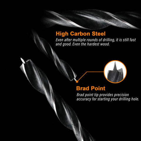 Close-up of Brad Point Wood Drill Bit Set, 12 PC, 1/8 to 1/2 Inch Hex Shank with Double Flute Design showing tip and flutes