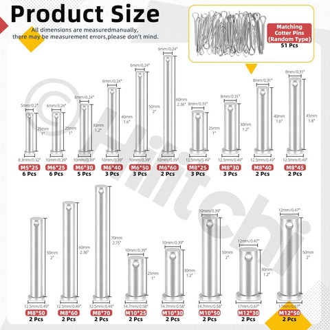 51 Piece Clevis Pins Assortment Kit With Zinc Plated Cotter Pins Includes 18 Sizes M5 M6 M8 M10 M12 Flat Head Single Hole Round Pins T Shape Design Great For Mechanical Repair Automotive And DIY Projects displayed with size chart and matching cotter pins.