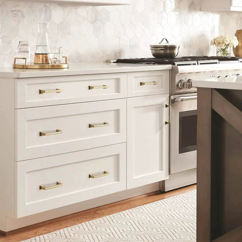 Kitchen cabinets with Gold Cabinet Handles Set 10 Pack 5 Inch Hole Center Drawer Pulls Modern Square Dresser Handles in zinc alloy.