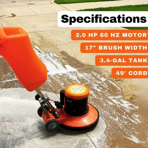 Heavy Duty 17 Inch Floor And Carpet Buffer Machine Workhorse With 2.0 HP Motor 175 RPM 3.4 Gallon Water Tank in use outdoors