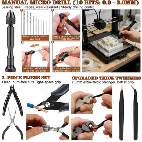 Manual micro drill and pliers set from 66-Piece All-In-One 3D Printer Tools Kit With Storage Case For FDM And SLA Printers Includes Deburring Tool Scrapers Metal Files Brushes Hand Drill Tweezers And More, Perfect For Bambu Lab Ender 3 Kobra