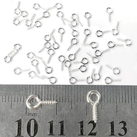 300Pcs Mini Screw Eye Pins and Hooks Set 10x5mm SelfTapping Screws on a ruler, silver, for Arts and Crafts DIY Jewelry Making