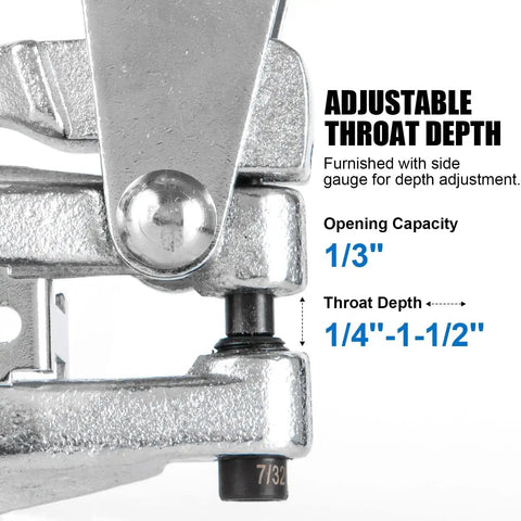Close-up of pro grade metal hole punch tool set's adjustable throat depth, showing opening capacity and throat adjustment measurements
