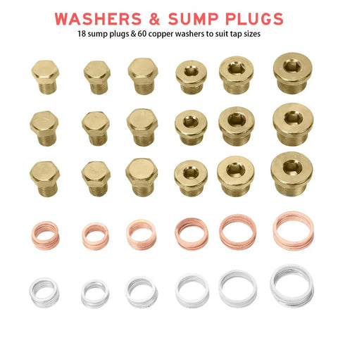 Oil Pan Drain Plug Thread Repair Kit With M13 M15 M17 M20 M22 Taps, Copper And Aluminum Washers And Sump Plugs, 84 Piece Set