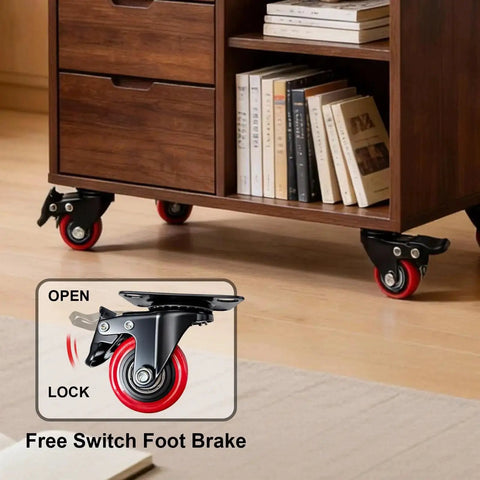 4-pack 1.5-inch polyurethane swivel caster wheels with brakes, red wheels, installed on wooden cabinet.
