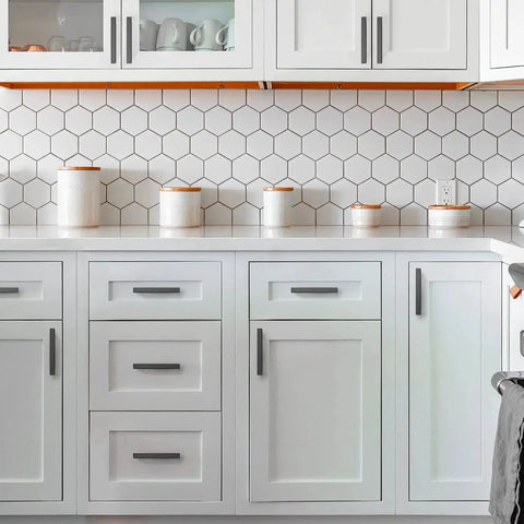 White kitchen cabinets with Black 5 Inch Square Cabinet Pulls 30 Pack Stainless Steel Kitchen Cabinet Handles Modern Hardware.