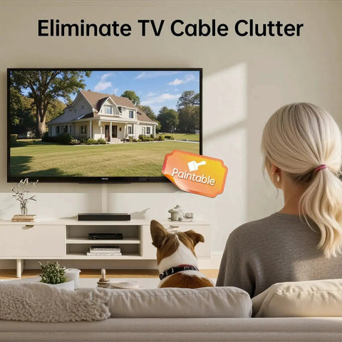 Person and dog watching TV with Beige One Cord Cable Hider Kit for Walls, 85 Inch Cord Covers For TV Wires visible on wall.