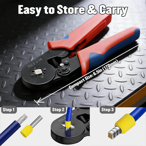 Pro Grade Ferrule Crimping Tool Kit With 1800 Wire Ferrules Set In Eight Sizes AWG 23 To 7 0.25 To 10 Mm Square Self Adjusting
