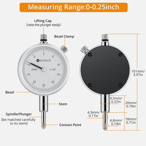 Dial indicator with 0-0.25 inch range, front and back view showing bezel, spindle, and lifting cap.