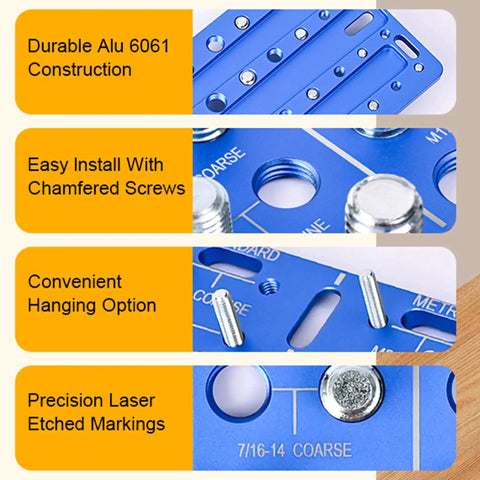 30 In 1 Nut And Bolt Thread Checker All In One Standard And Metric Thread Gauge Tool with close-up on durable aluminum construction.
