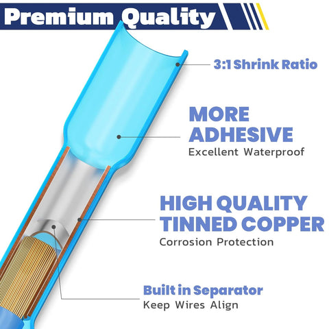 Blue heat-shrink butt connector, 3:1 shrink ratio, cross-section view shows tinned copper and built-in separator.