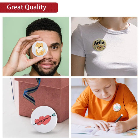 Button blanks collage: four 32mm metal button blanks showing fox, Artist badge, Love you badge, Your Design Here badge.