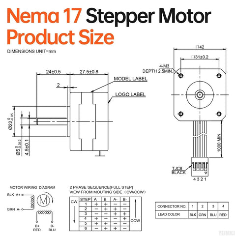 High Torque Nema 17 Stepper Motor 1.8 Degree Two Phase Bipolar 0.28 Nm diagram with dimensions and wiring details