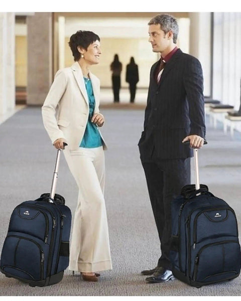 Two business professionals with Rolling Laptop Backpack With Wheels For Men And Women Road Trip Ready Travel Carry On Luggage.