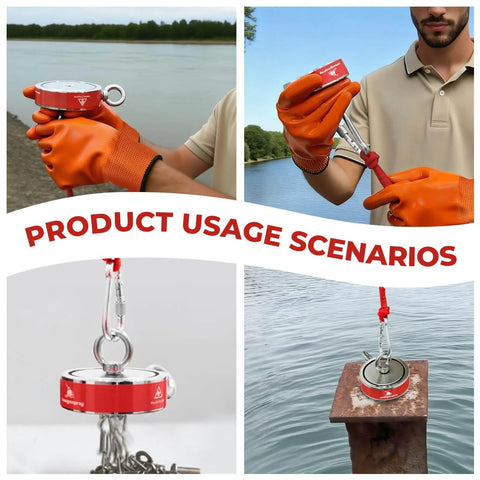 Beefy Neodymium Fishing Magnets 2600 Lb Pull Double Sided Magnets Fishing Kit For Treasure Hunting And Underwater Cleaning Includes Rope Gloves Thread Locker Grappling Hook, shown in various usage scenarios.