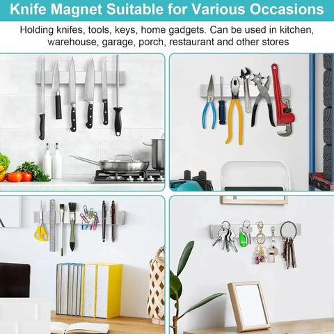 Heavy Duty Magnetic Knife Strip Wall Mount Holder in various uses, displaying knives, tools, and keys on walls.