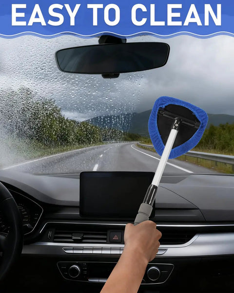 Close-up of Expandable Car Window Cleaning Kit With Telescopic Handle six reusable microfiber pads in use on a car windshield.