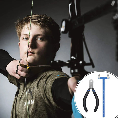 All In One Archery Bow String Nocking Points Kit with Buckle Pliers and T Shape Bow Square for easy setup on recurve bow