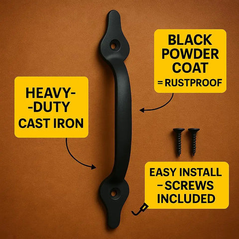 2 Pack 11 Inch Heavy Duty Steel Barn Door Handle With Unstoppable Grip For Gates Sheds And Cabinets Matte Black Pull Powerhouse Design Includes Screws For Easy Assembly shown in packaging with features highlighted.